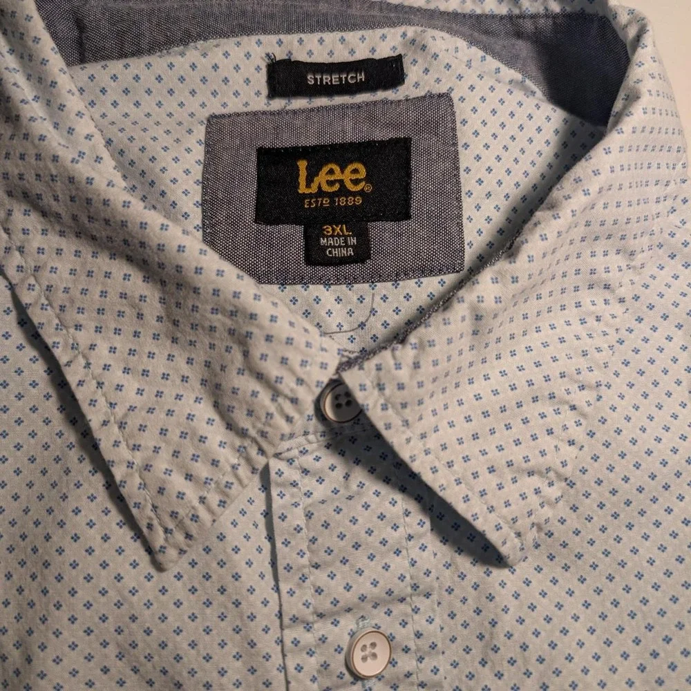 Lee Stretch 3XL White Blue Geometric Short Sleeve Button Up Shirt